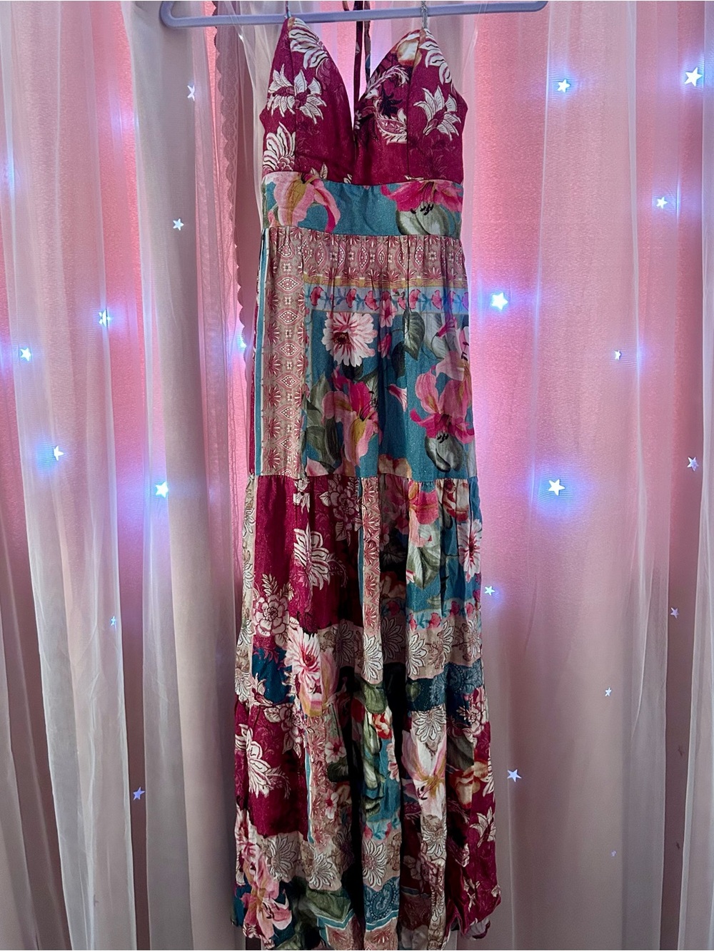 Boho Floral Maxi Dress in Carmine and Teal